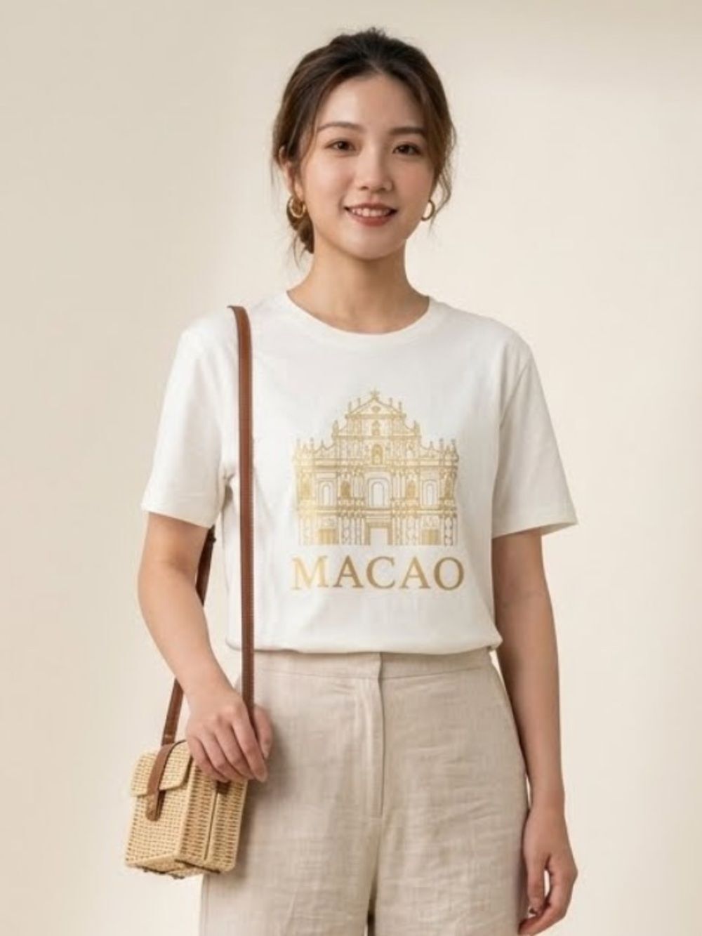 Macau Vintage T Shirt Tee White/Gold Crew Neck Short Sleeve Travel Minimalist L